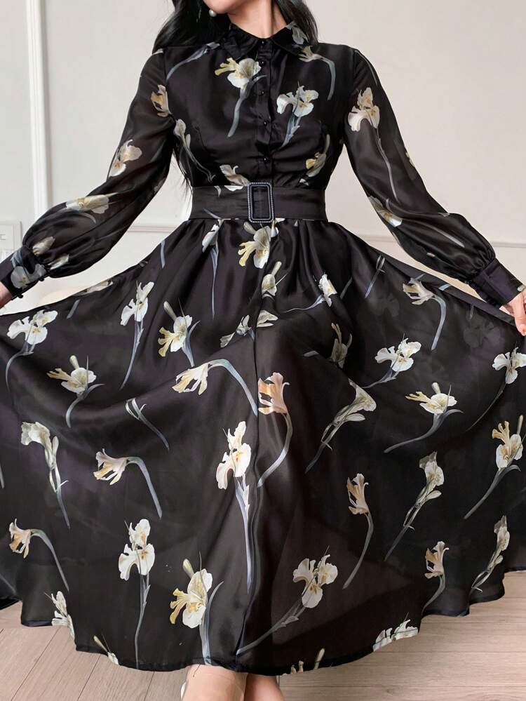 Women's Mid-Length Floral Lantern Sleeve Dress, Elegant, Fall Dress Long Sleeve Dress