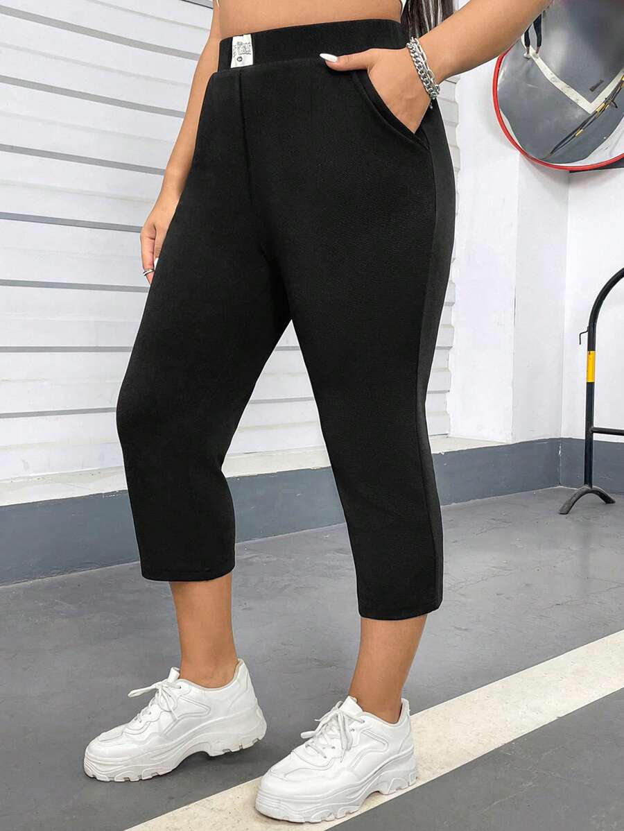 SHEIN Essnce Plus Size Casual Versatile Solid Color High-Waisted Tapered Pants - Black - View 1