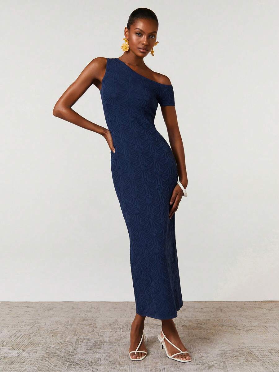Athîral Women Casual Asymmetric Shoulder Solid Color Mini Bodycon Knit Dress, Summer - Navy Blue - View 1