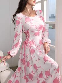 Modelyn 圆领花卉印花灯笼袖侧抽绳阿拉伯风格中长连衣裙 - 粉色 - 查看 2