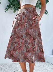 Breezaya 女式休闲松紧腰口袋佩斯利印花半身裙，度假风格 - 彩色 - 查看 5