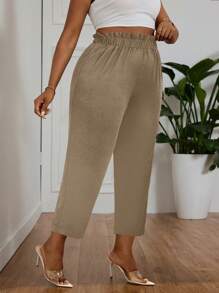 SHEIN PETITE CURVE Plus Size Solid Color Paper Bag Waist Casual Trousers For Women, Summer,Summer Pants