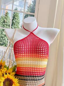 Skyraze Women's Backless Halter Neck Tie Hollow Out Knit Mini Dress,Knit Floral Hollow Swimsuit Cover Up,  Summer Beach Vacation - Multicolor - View 3