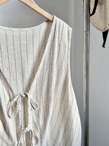 Comfortcana Große Größen Boho Vintage Resort Leinen gestreiftes ärmelloses Hemd