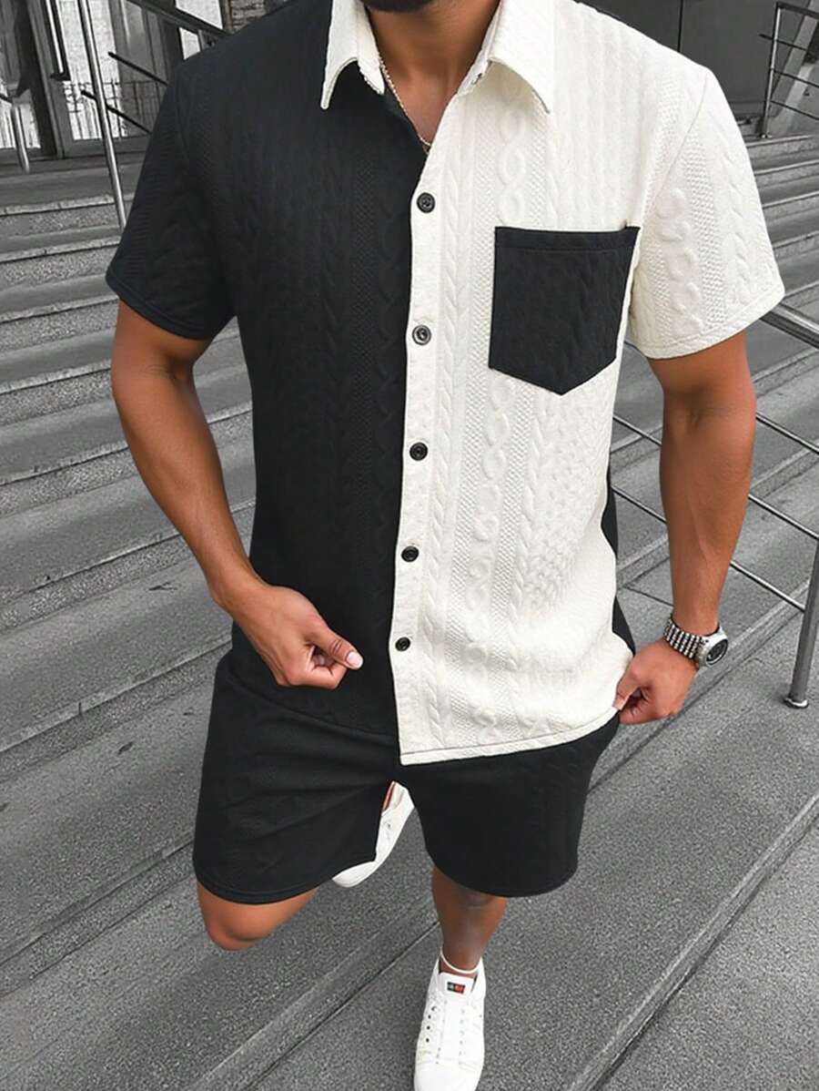 Manfinity Homme Men's Contrast Color Splice Short Sleeve Shirt & Shorts Set Men Shorts Set Men Shirt Co Ords - Multicolor - View 1
