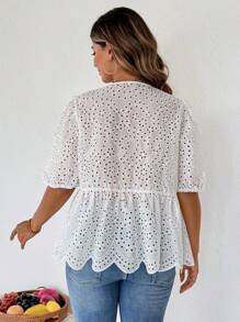 SHEIN Clasi Curvy Plus Size Women's Daily Casual Elegant Romantic White Embroidered Bubble Short Sleeve Bow Knot-Up Shirt,Summer Outfits For Women,Vacation Outfits Women,Women Summer Clothes,Going Out Tops Women,Cute Summer Tops,Women Clothing Summer,Business Casual Woman - White - View 2