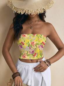Pamile Women's Fitted Cropped Halter Top With Yellow Floral Print, For Summer Beach Vacation - Yellow - View 5
