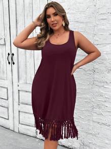 SHEIN VCAY Váy len dệt kim tua rua chắp vá không tay màu xanh cỡ lớn cho kỳ nghỉ hè trên bãi biển - Màu Tím - Xem 4