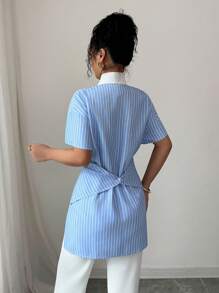 Elenzga Striped Cross Knot Waist Blouse With Bowknot - Blue and White - View 2