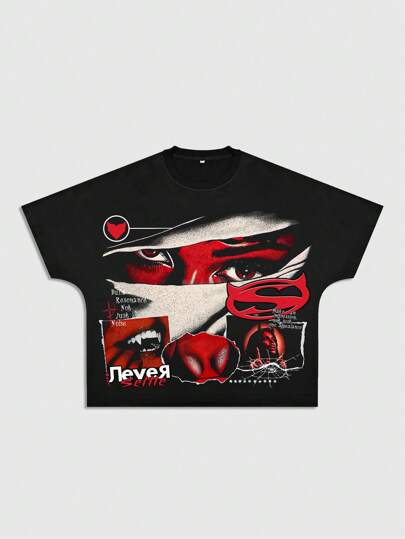 Street Life T-shirt uomo ampia a girocollo a maniche corte con stampa di lettere e figure