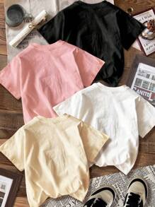 SHEIN Camiseta básica de manga corta y cuello redondo casual para niña joven con estampado de corazón, lazo y leopardo, adecuada para primavera/verano