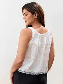 Maija Plus Size Women Solid Color Single-Breasted Contrast Lace Top Summer Women Vacation Beach Business Casual Woman Going Out Tops Boho Office Festival For Rave Hawaii - White - View 2