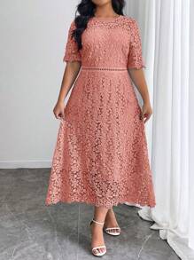 SHEIN Clasi Plus Size Solid Color Short Sleeve Dress, Fashionable For Summer - Dusty Pink - View 6