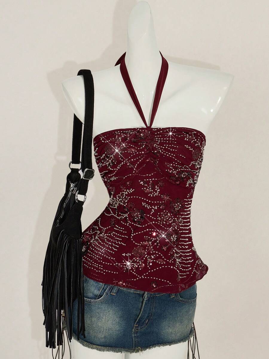 SHEIN ICON Y2k 露背勃艮第外出复古波西米亚嬉皮音乐会串珠时尚度假闪光派对闪亮亮片无袖短款上衣，露背修身夏季背心 - 酒紅色 - 查看 1