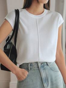 Dazy-Less Damen Sommer Lässig einfaches weißes einfarbiges T-Shirt mit kurzen Ärmeln, Business Lässig Damen - Weiss - Übersicht 5