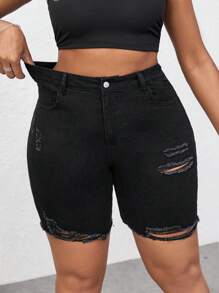 SHEIN PETITE CURVE Plus Size Women's Black Denim Elastic Skinny Ripped Shorts Summer Summer For Women Vacation Women Cowgirl For Women Western Wear Women Business Casual Woman Festival Airport For Women Graduation Rave Rave Festival Y2k Women Cowboy Streetwear Gyaru 2000s Disco - Black - View 5