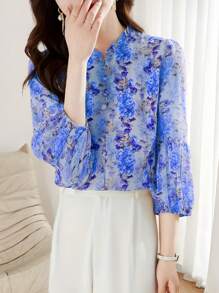 SHEIN LUNE 女式休闲荷叶边下摆七分泡泡袖衬衫 - 彩色 - 查看 5