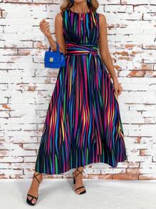 SHEIN Clasi 女士条纹拼色侧反光彩色条纹超长沙滩长裙，适合度假、夏季、系带腰部收紧 A 字裙