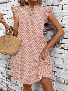 SHEIN Clasi 女士几何印花荷叶边系领短袖中长连衣裙