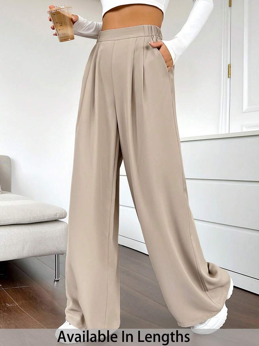 SHEIN PETITE CURVE 大码女式高腰褶皱口袋阔腿休闲裤 - 杏色 - 查看 1