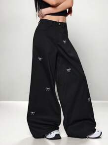 K-Vae 女士休闲日常蝴蝶结刺绣宽松阔腿裤 - 黑色 - 查看 3