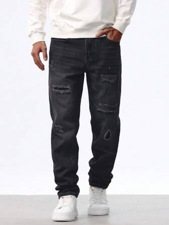 Manfinity Homme Heren effen denim jeans met versleten zakken, casual en modieus design