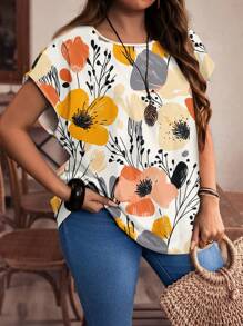 EMERY ROSE Plus Size Women Countryside Casual Minimalist Round Neck Short Sleeve Floral Print Loose Fit Tunic Dressy Blouse Shirt, Gifts For Mother,Summer Holiday,Vacation Outfits Women,Simple And Fashionable For Everyday Wear,Vacay Vibes,Springbreak,Casual Wear SS,Bohemia - Multicolor - View 1