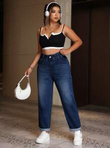 SHEIN ICON 大码女式口袋锥形休闲百搭牛仔裤