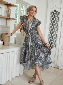 LanaWest Women's Casual Holiday All-Over Print Cap Sleeve Button Front Dress - Multicolor - View 5