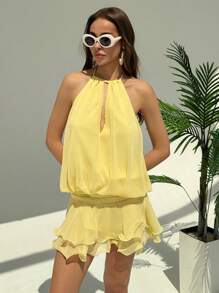 Aloruh Women's Vacation Solid Color Ruffle Hem Halter Neck Mini Dress,Butter Yellow Dress - Yellow - View 4