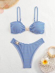 SHEIN 2pcs Women Summer Sexy Blue & White Striped Bandeau Bikini Set, Special Fabric - Blue and White - View 5