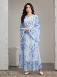 Graceveil Đầm dài tay loe cổ tròn in họa tiết thanh lịch cho nữ dự tiệc cưới - Màu xanh lam - Xem 6