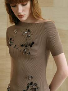 Arave Top tricoté à manches courtes, col asymétrique avec décor de paillettes, printemps/été - Camel - Voir 6