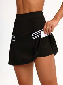 SHEIN Sports Women's Solid Color Patchwork Ribbon Pleated Sports Casual Mini Skirt Shorts - Black - View 5