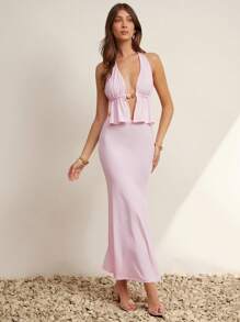L'Amorae Conjunto de 2 piezas de top sin espalda de cuello halter y falda de cola de pez, conjunto sexy de unicolor para el verano