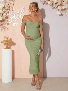Loomaby 孕妇露肩褶皱鱼尾下摆连衣裙，优雅夏日 - 綠色 - 查看 7