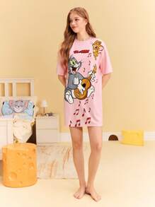 TOM & JERRY X SHEIN Women Summer Casual Cartoon Cat & Mouse Printed Round Neck Short Sleeve Sleep Dress - Pink - View 3
