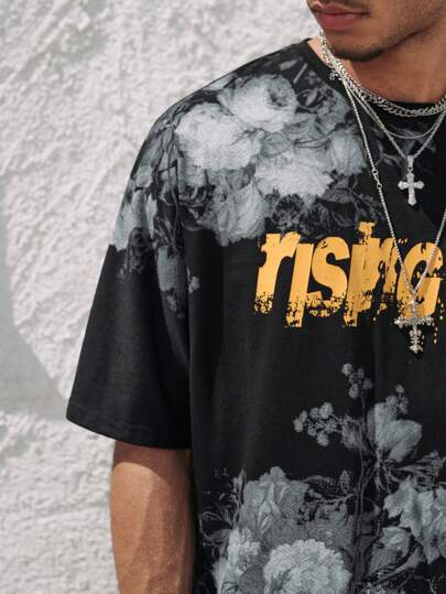 Street Life Ensemble t-shirt casual à manches courtes col rond avec imprimé lettres et fleurs et shorts pour hommes