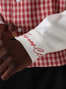 设计师格纹纽扣衬衫 Sumwon Society 街头服饰长袖分层外观高级时尚都市休闲现代酷炫 - 紅白色 - 查看 6