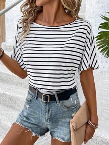 SHEIN Tall CURVE Plus Size Summer Casual Striped Round Neck Batwing Bodysuit - Black and White - View 5