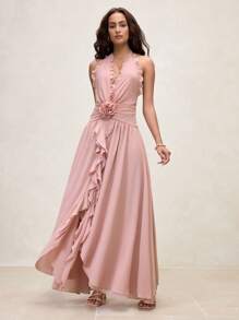 SHEIN LUNE Robe longue maxi élégante de vacances à col en V avec Top en 3D floral - Rose bonbon - Voir 6