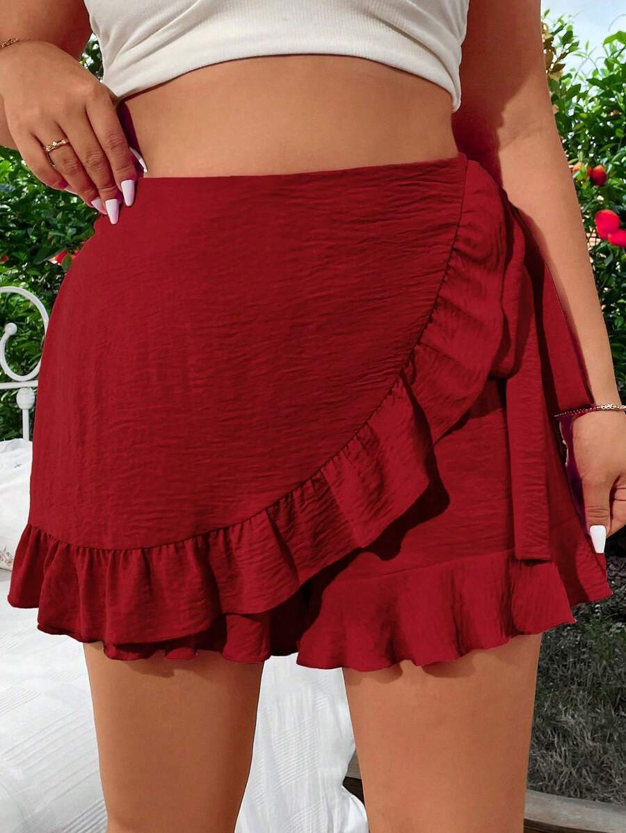 SHEIN LUNE Plus Size Women Summer Plain Ruffle Hem Wrap Casual Black Skort Black Skirt Womengirl Black Skirtblack Skirt - Burgundy - View 1