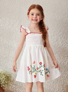 Blossori Vestido de lino sin mangas con estampado floral para vacaciones para niñas jóvenes - Blanco - Ver 1