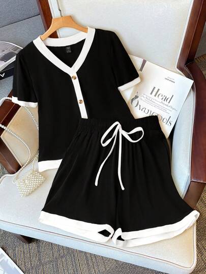 SHEIN Clasi 2pcs Women Plus Size V-Neck Button Decor Black & White Contrast Color Blouse And Shorts Set