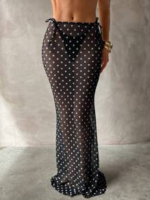 Aloruh 女士波尔卡圆点印花复古浪漫黑白性感优雅泳装低腰长鱼尾裙沙滩罩衫乡村音乐会 - 黑與白 - 查看 4