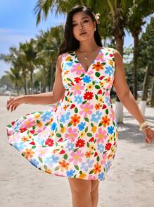 SHEIN EZwear Plus Size Women V-Neck Casual Sleeveless Dress For Summer Vacation - Blue - View 5