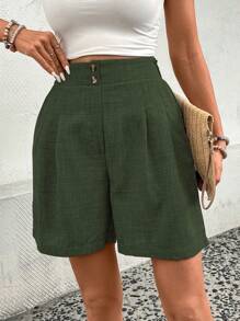 SHEIN LUNE Women's Solid Color Pleated Pockets Loose Casual Shorts Green Summer - Army Green - View 4