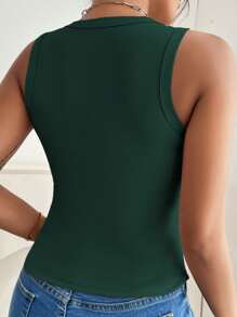 SHEIN VCAY Plus Size Solid Color Fitted Casual Sleeveless Tank Top, Summer Green - Dark Green - View 2