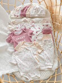 SHEIN Newborn Baby Girl Summer Cute Knitted Polka Dot Strawberry Print 4pcs Set: Bodysuit, Pants, Hat, Gloves