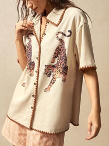 Bohemela 休闲纯色梭织宽松女式衬衫 - 卡其色 - 查看 5